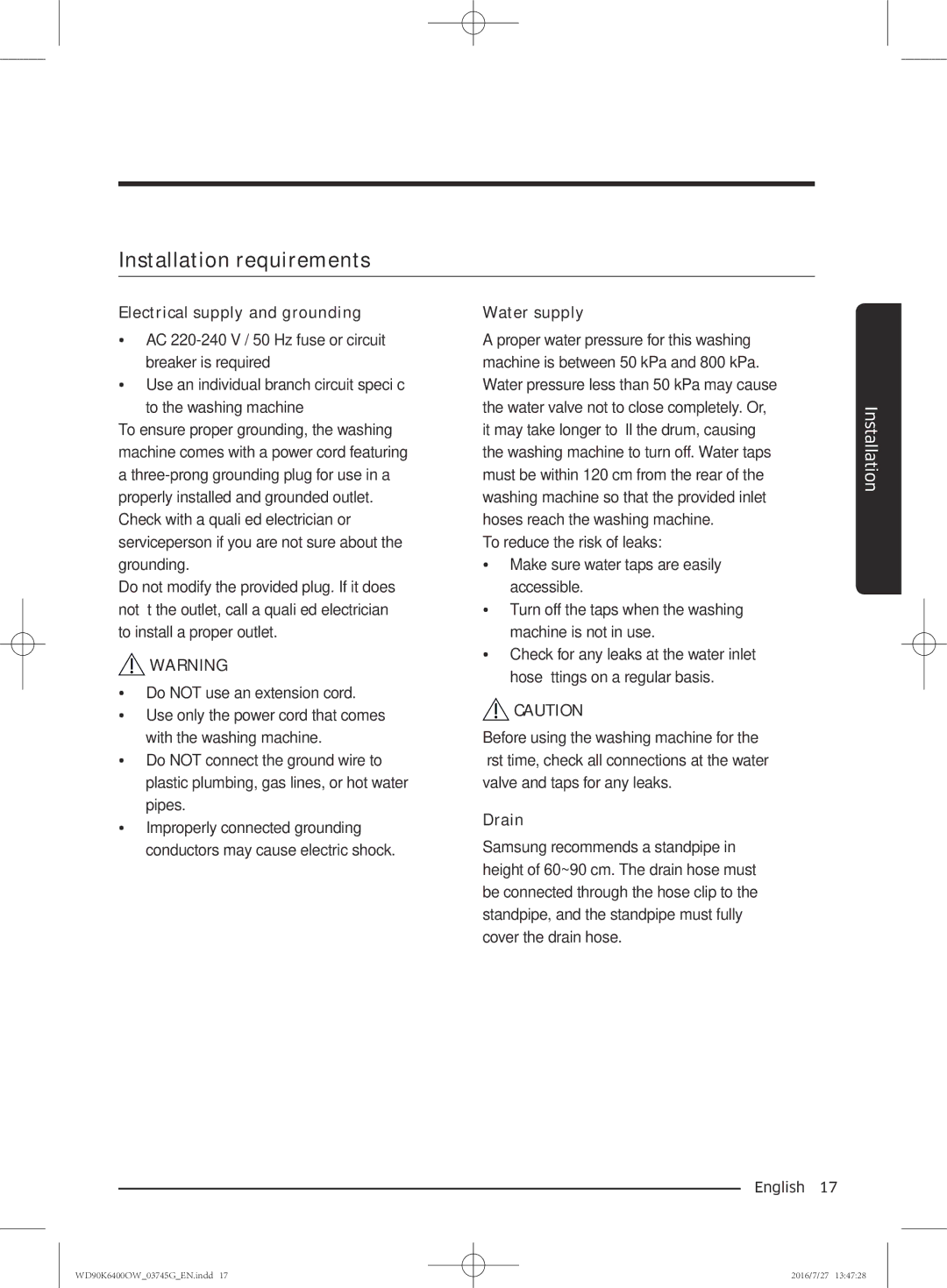 Samsung WD90K6400OW/ZE manual Installation requirements 