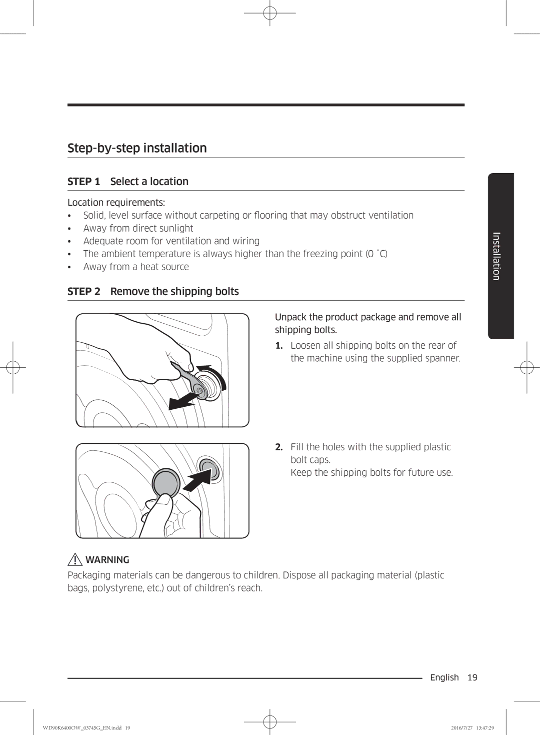 Samsung WD90K6400OW/ZE manual Step-by-step installation, Select a location 