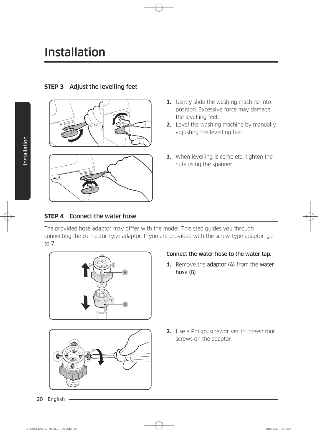 Samsung WD90K6400OW/ZE manual Adjust the levelling feet 