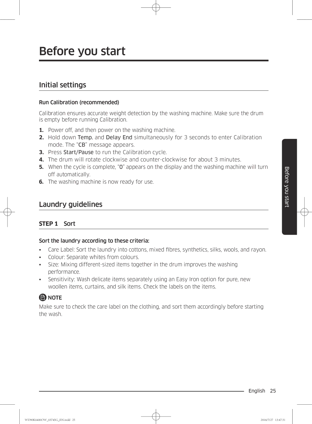 Samsung WD90K6400OW/ZE manual Before you start, Initial settings, Laundry guidelines 