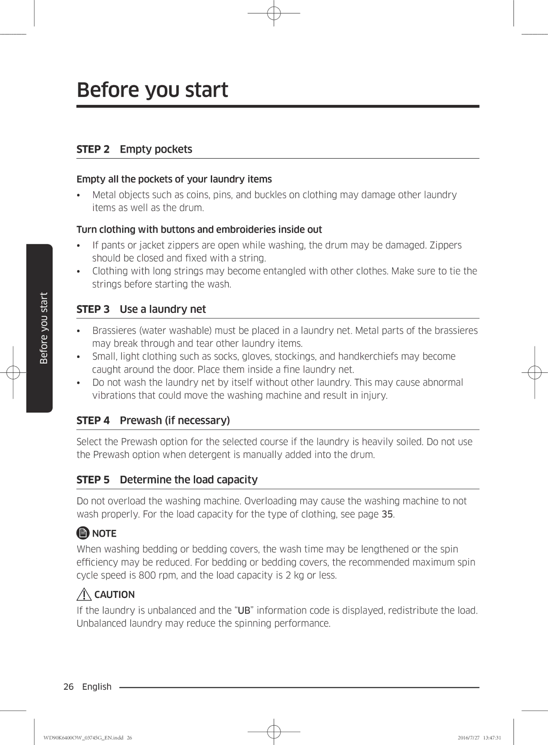 Samsung WD90K6400OW/ZE manual Empty pockets 