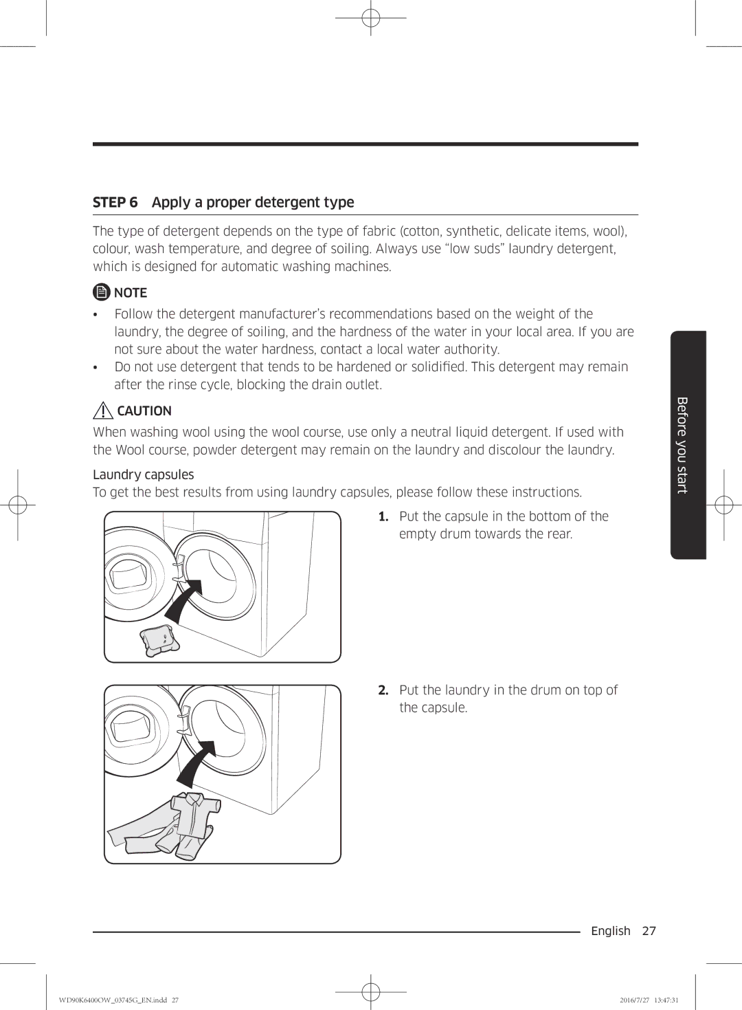 Samsung WD90K6400OW/ZE manual Apply a proper detergent type 