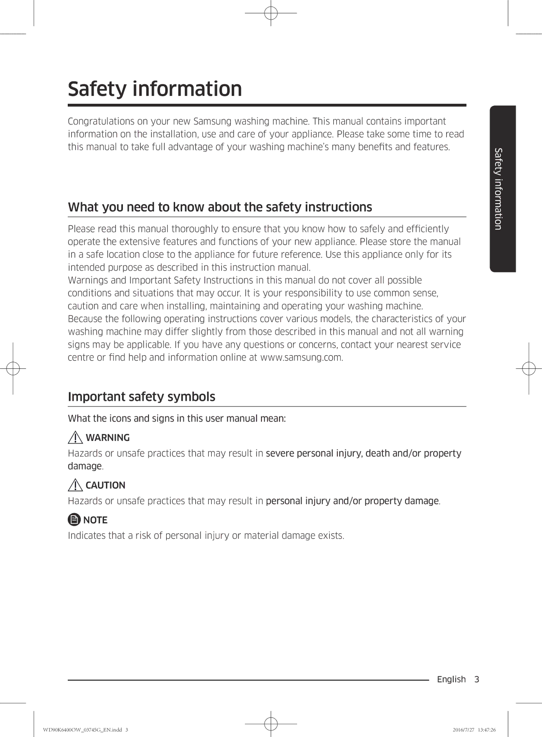 Samsung WD90K6400OW/ZE manual Safety information 