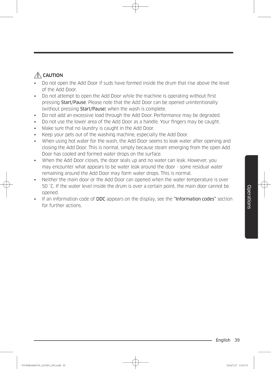 Samsung WD90K6400OW/ZE manual Operations 