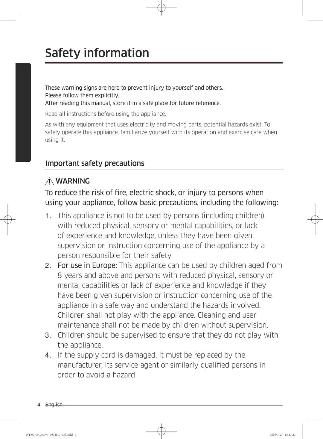 Samsung WD90K6400OW/ZE manual Safety information 