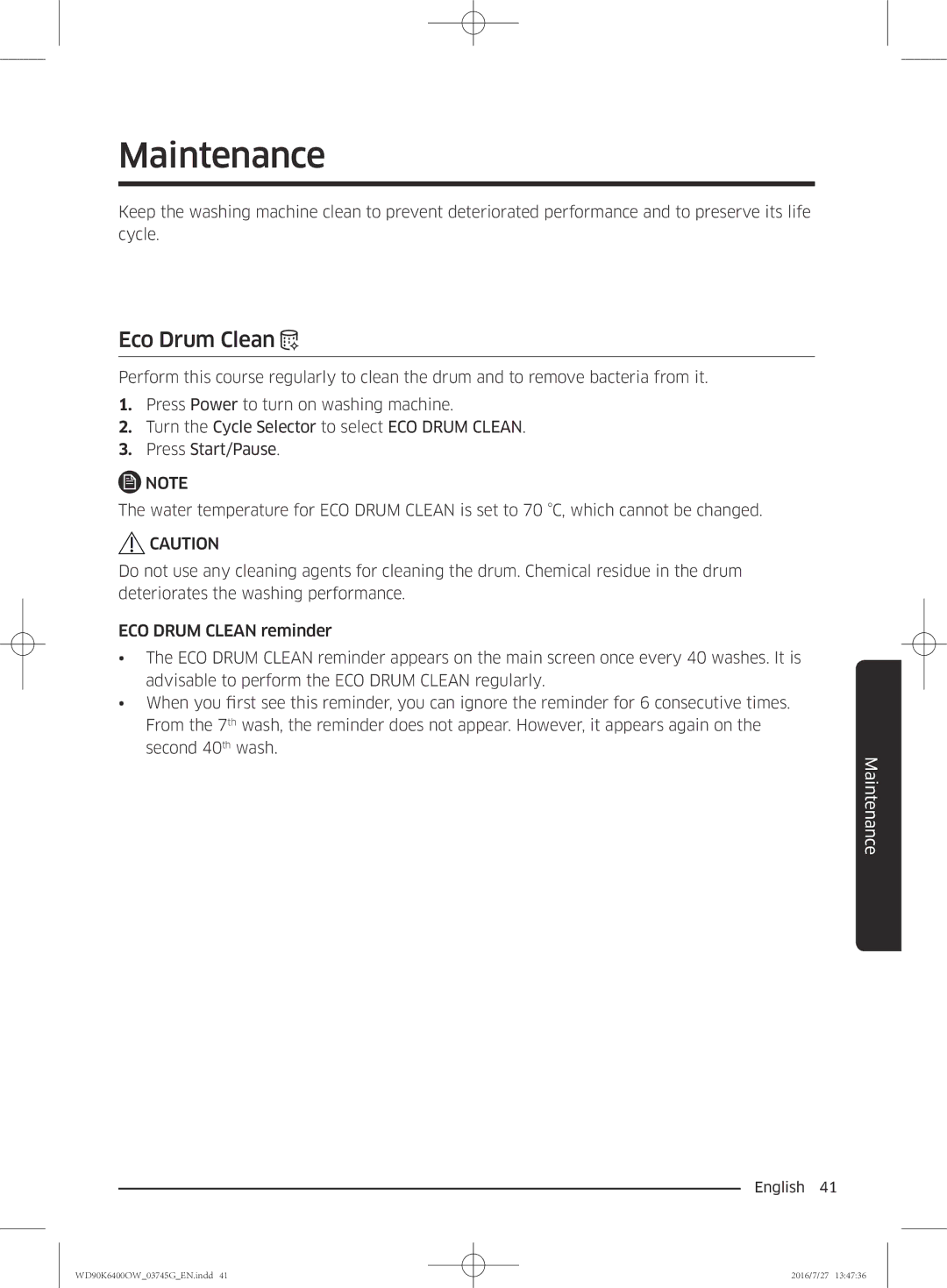 Samsung WD90K6400OW/ZE manual Maintenance, Eco Drum Clean 