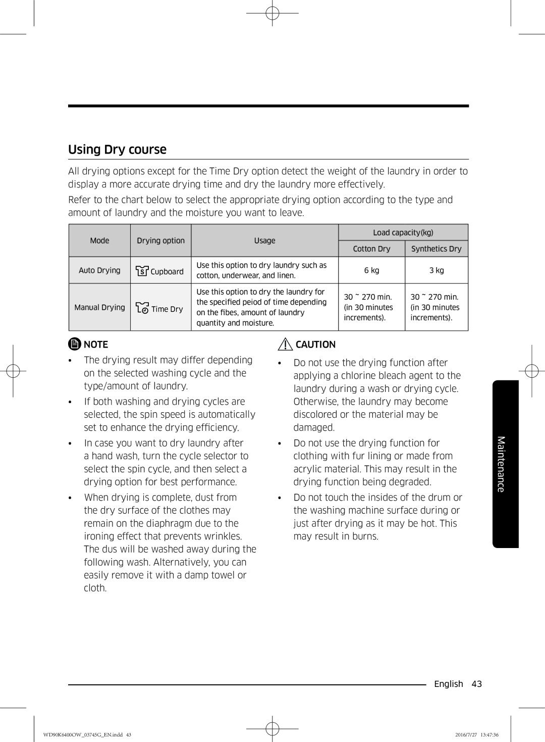 Samsung WD90K6400OW/ZE manual Using Dry course 