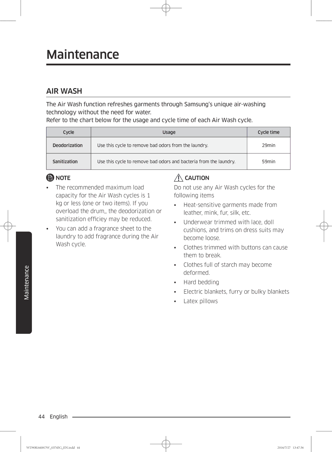 Samsung WD90K6400OW/ZE manual AIR Wash 