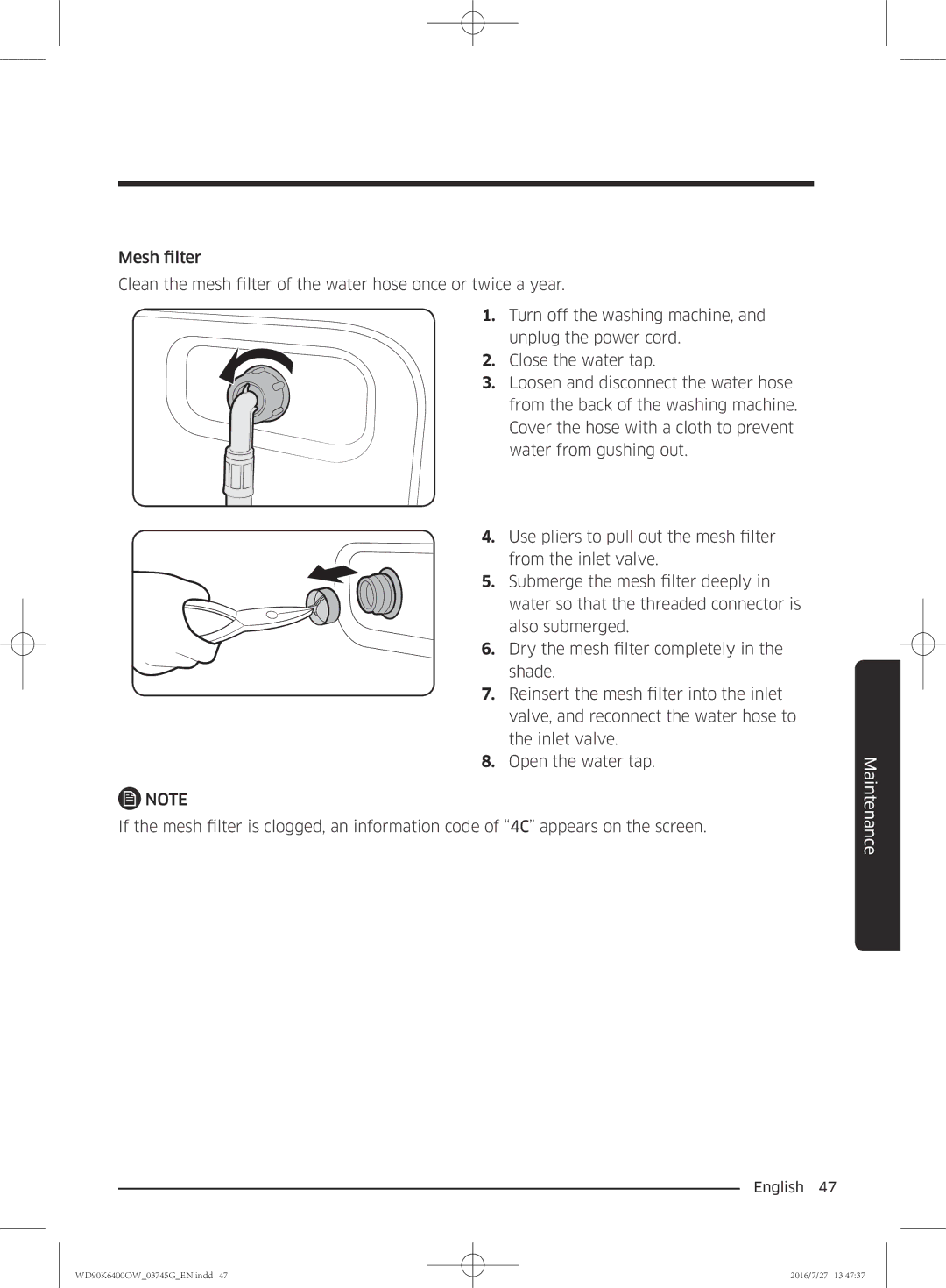 Samsung WD90K6400OW/ZE manual Maintenance 