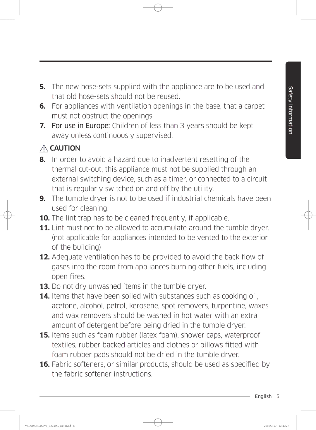 Samsung WD90K6400OW/ZE manual Safety information 