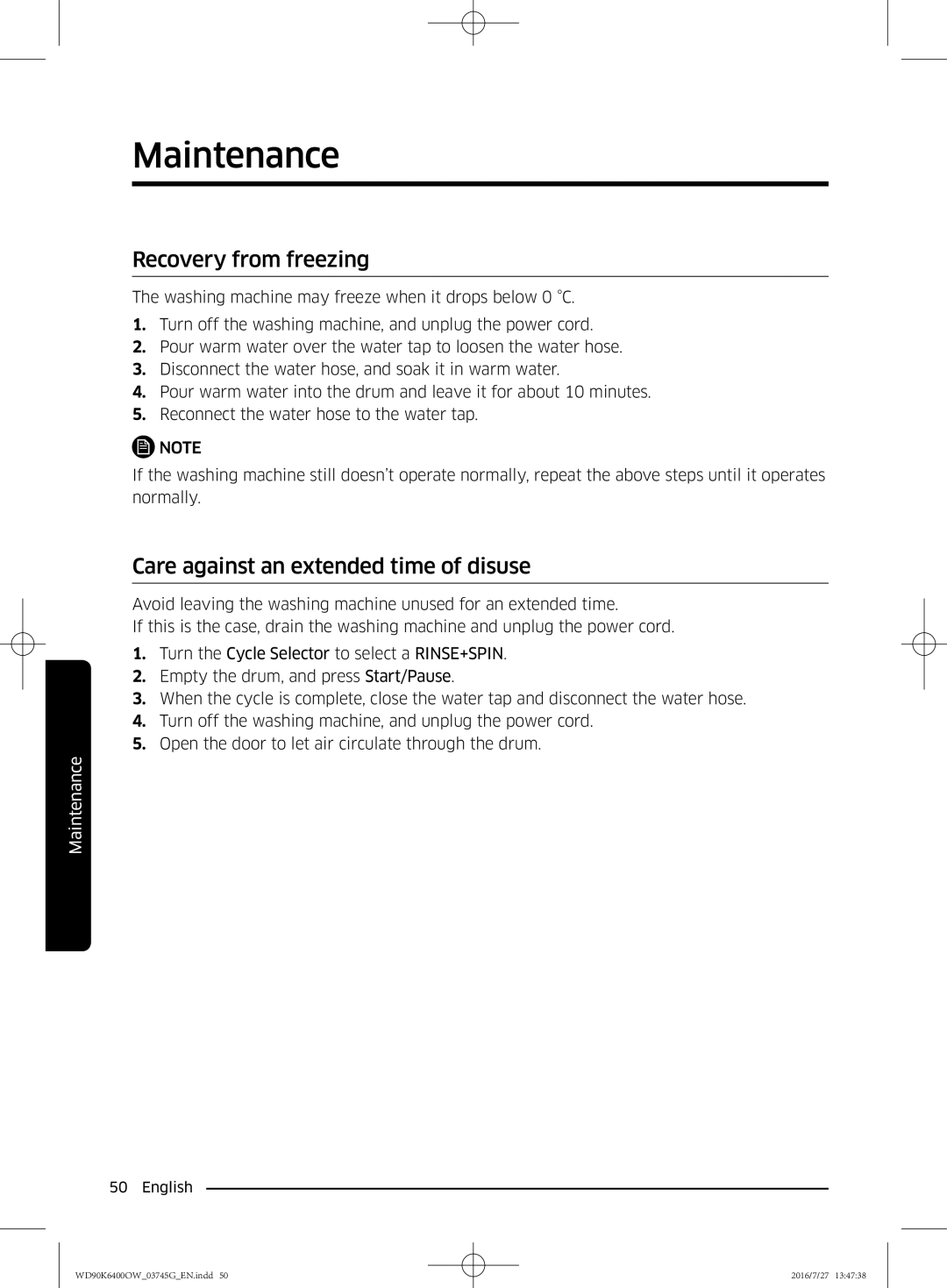 Samsung WD90K6400OW/ZE manual Recovery from freezing, Care against an extended time of disuse 