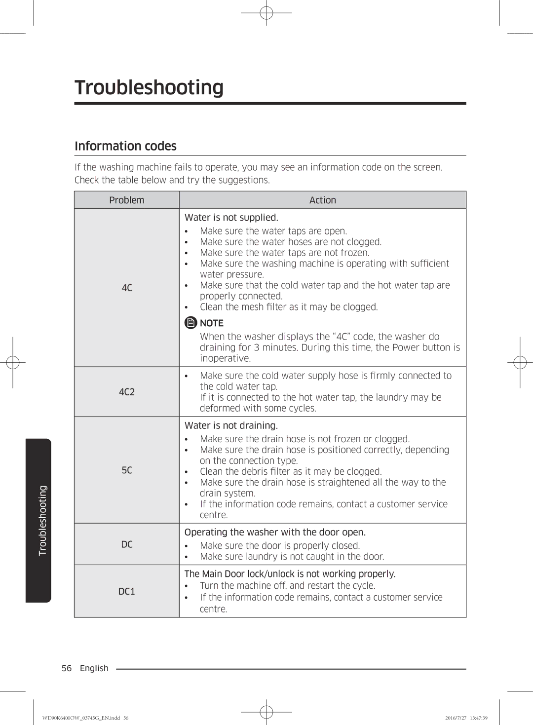 Samsung WD90K6400OW/ZE manual Information codes, DC1 