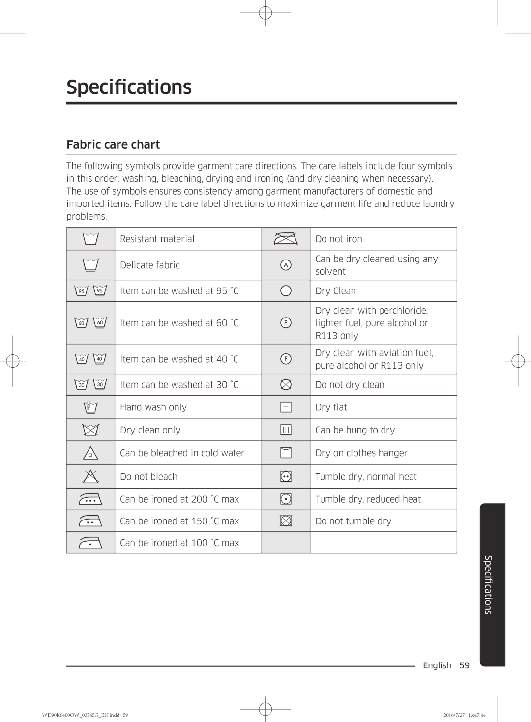 Samsung WD90K6400OW/ZE manual Specifications, Fabric care chart 