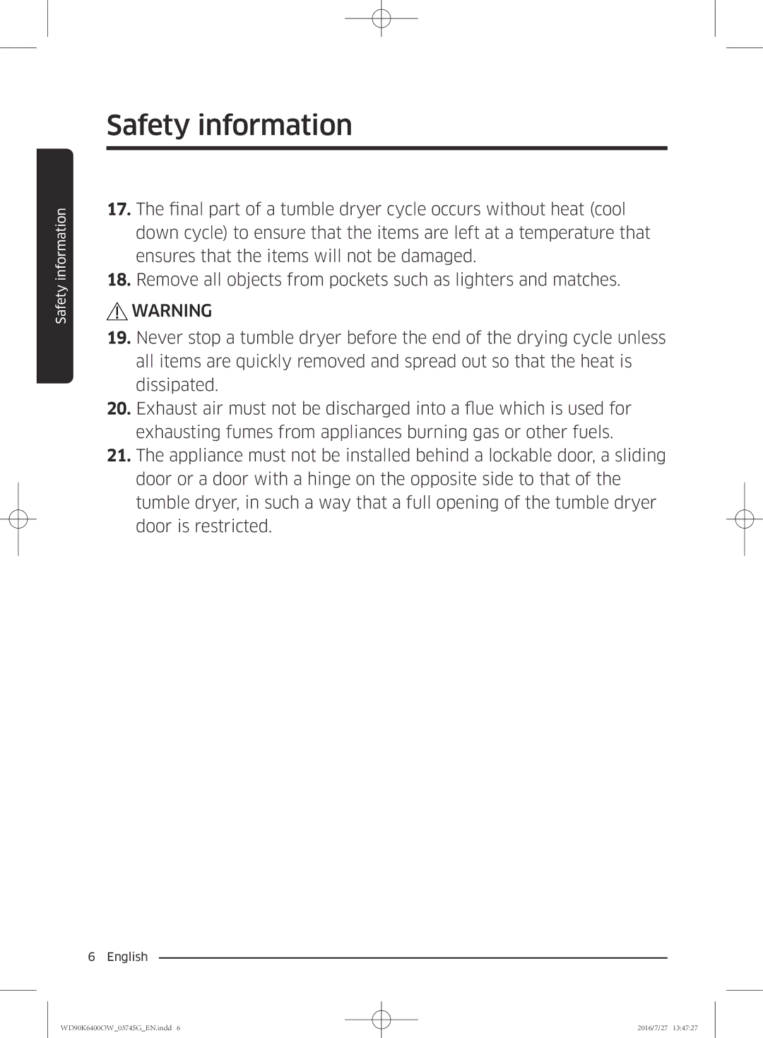 Samsung WD90K6400OW/ZE manual Safety information 