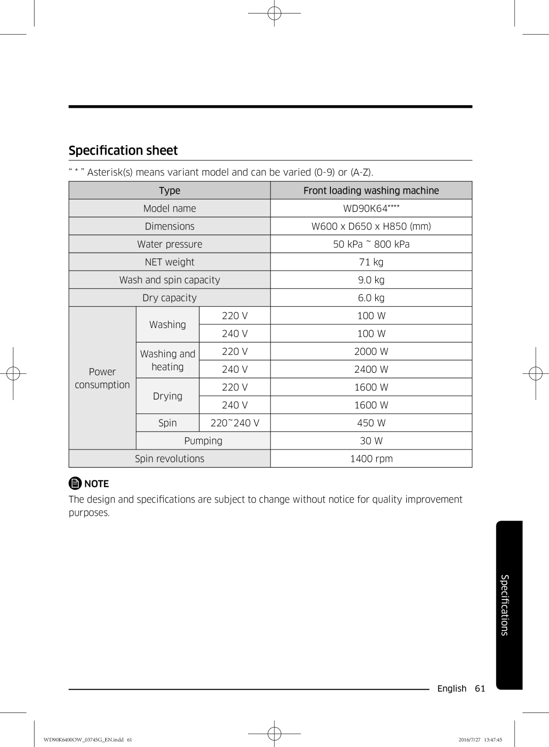 Samsung WD90K6400OW/ZE manual Specification sheet 