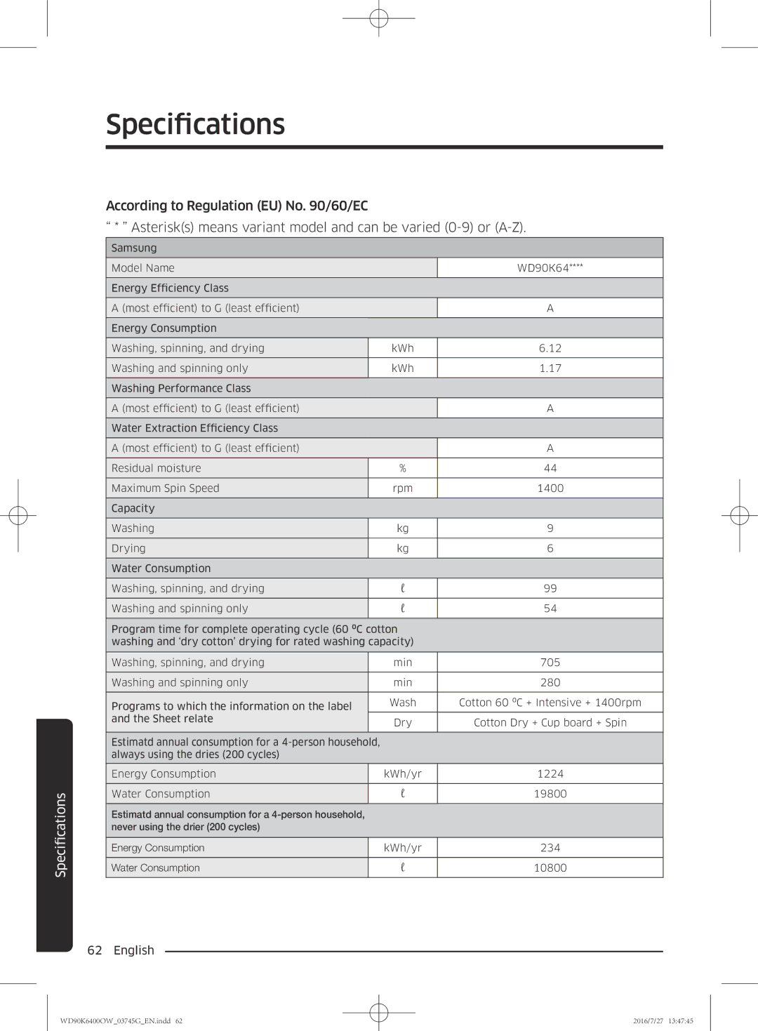 Samsung WD90K6400OW/ZE manual Specifications 