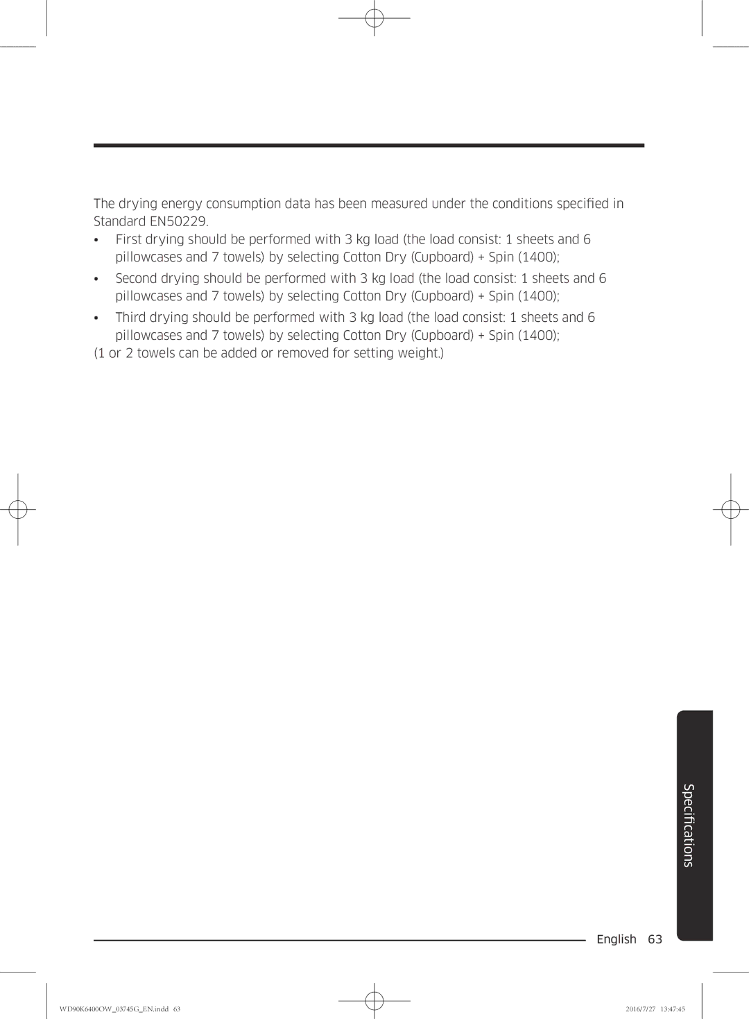 Samsung WD90K6400OW/ZE manual FicationsSpeci 