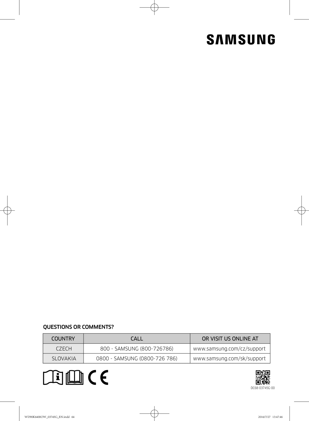 Samsung WD90K6400OW/ZE manual Questions or COMMENTS? Country Call Or Visit US Online AT 