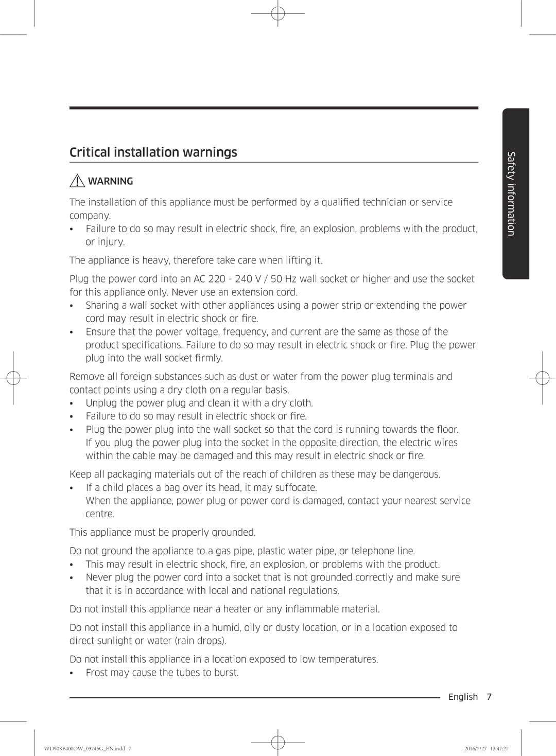 Samsung WD90K6400OW/ZE manual Critical installation warnings 