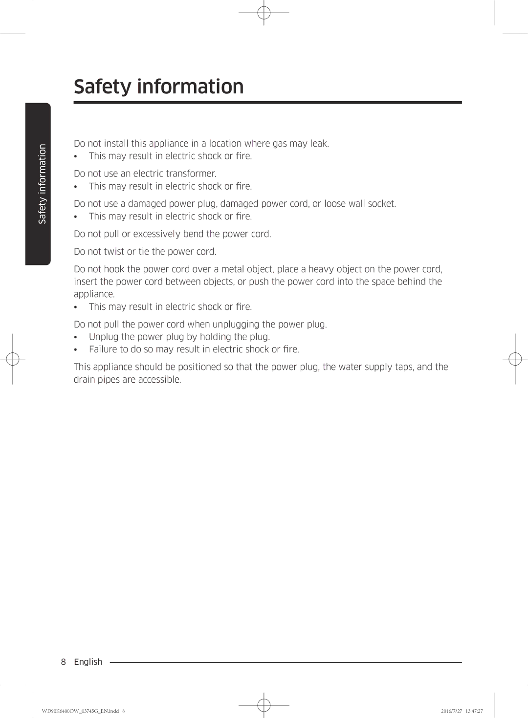 Samsung WD90K6400OW/ZE manual Safety information 