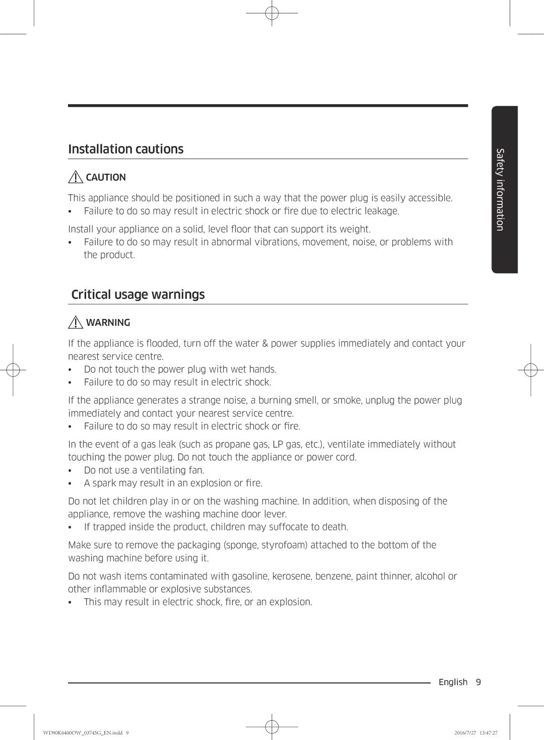 Samsung WD90K6400OW/ZE manual Installation cautions, Critical usage warnings 