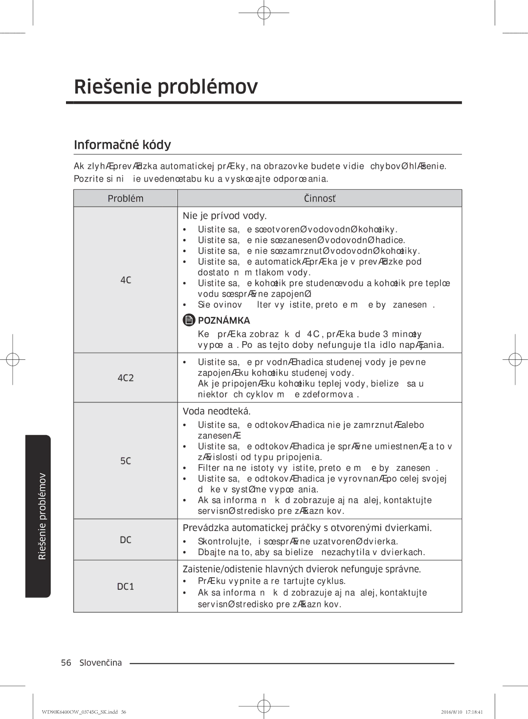 Samsung WD90K6400OW/ZE manual Informačné kódy, Poznámka 