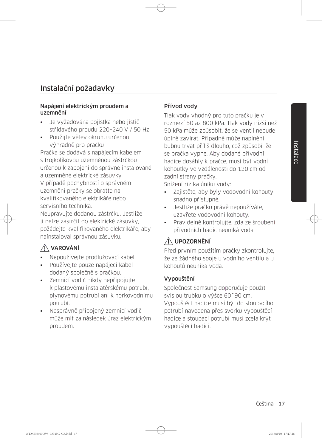 Samsung WD90K6400OW/ZE manual Instalační požadavky, Varování 