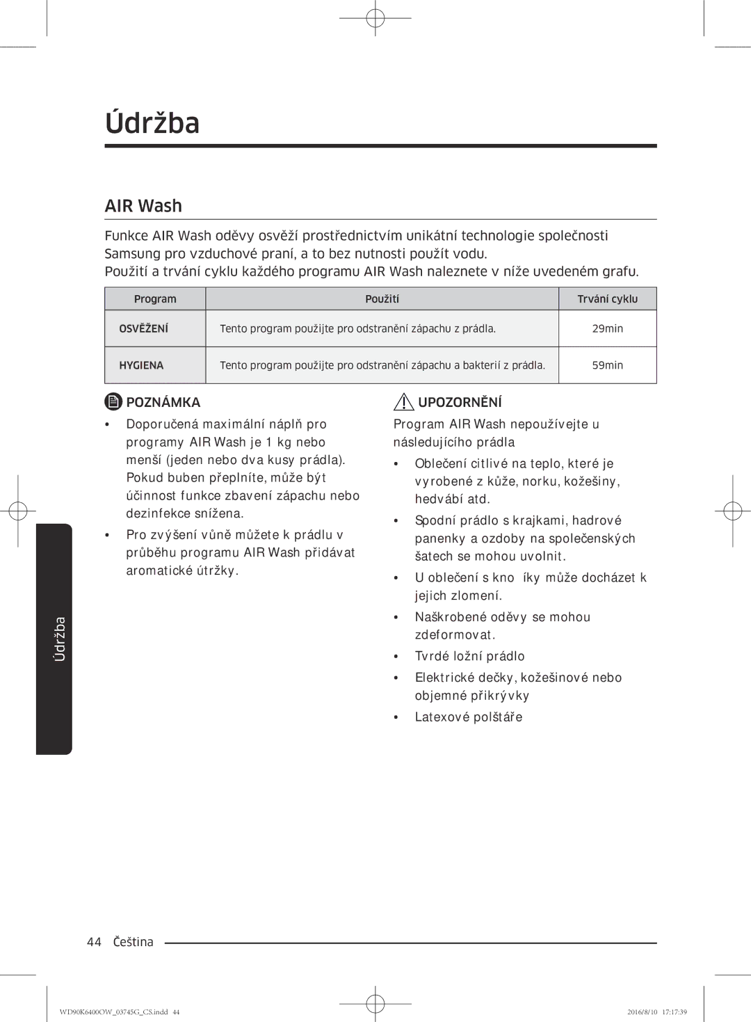 Samsung WD90K6400OW/ZE manual AIR Wash 