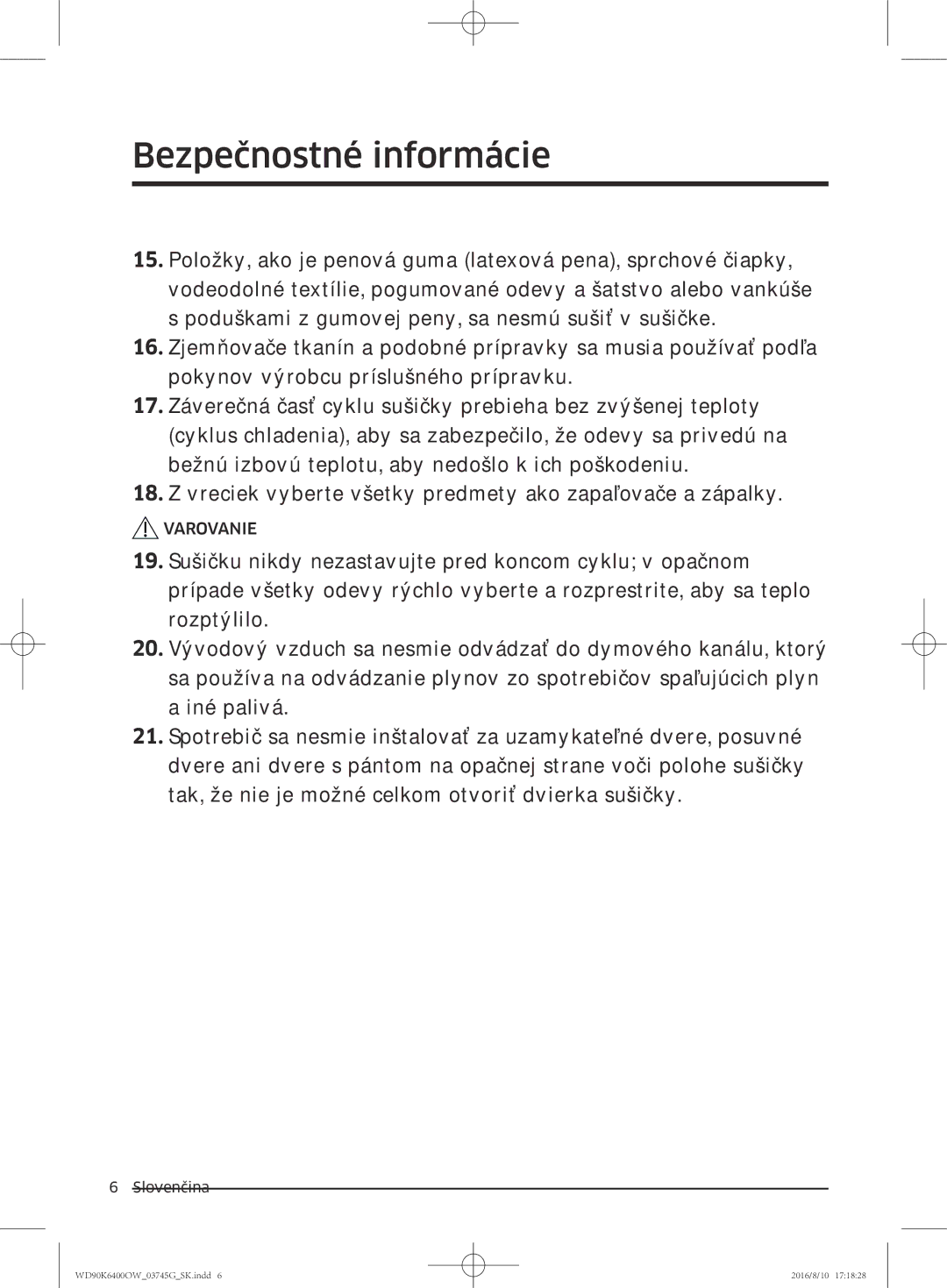 Samsung WD90K6400OW/ZE manual Bezpečnostné informácie 