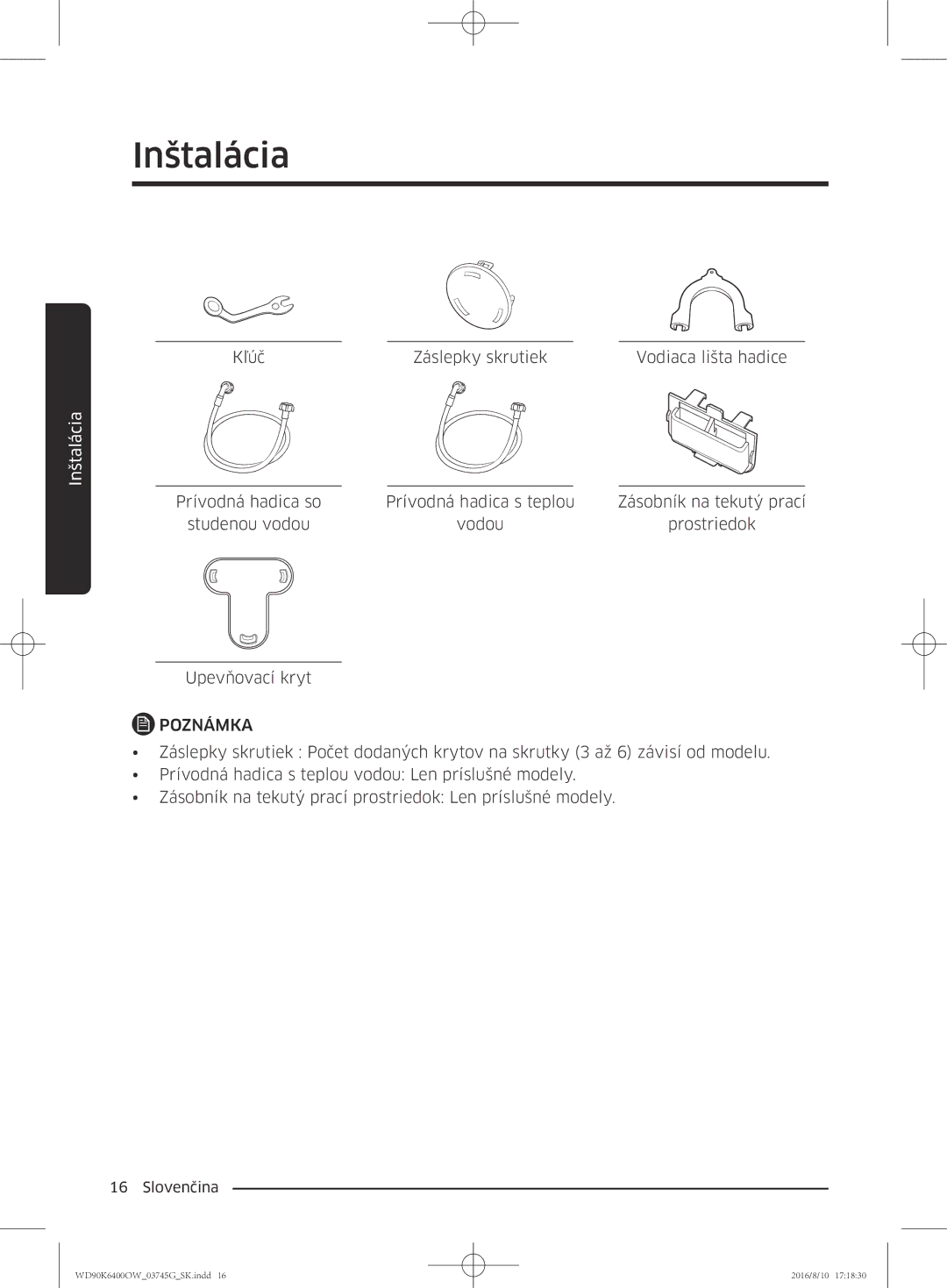 Samsung WD90K6400OW/ZE manual Kľúč Záslepky skrutiek Vodiaca lišta hadice 