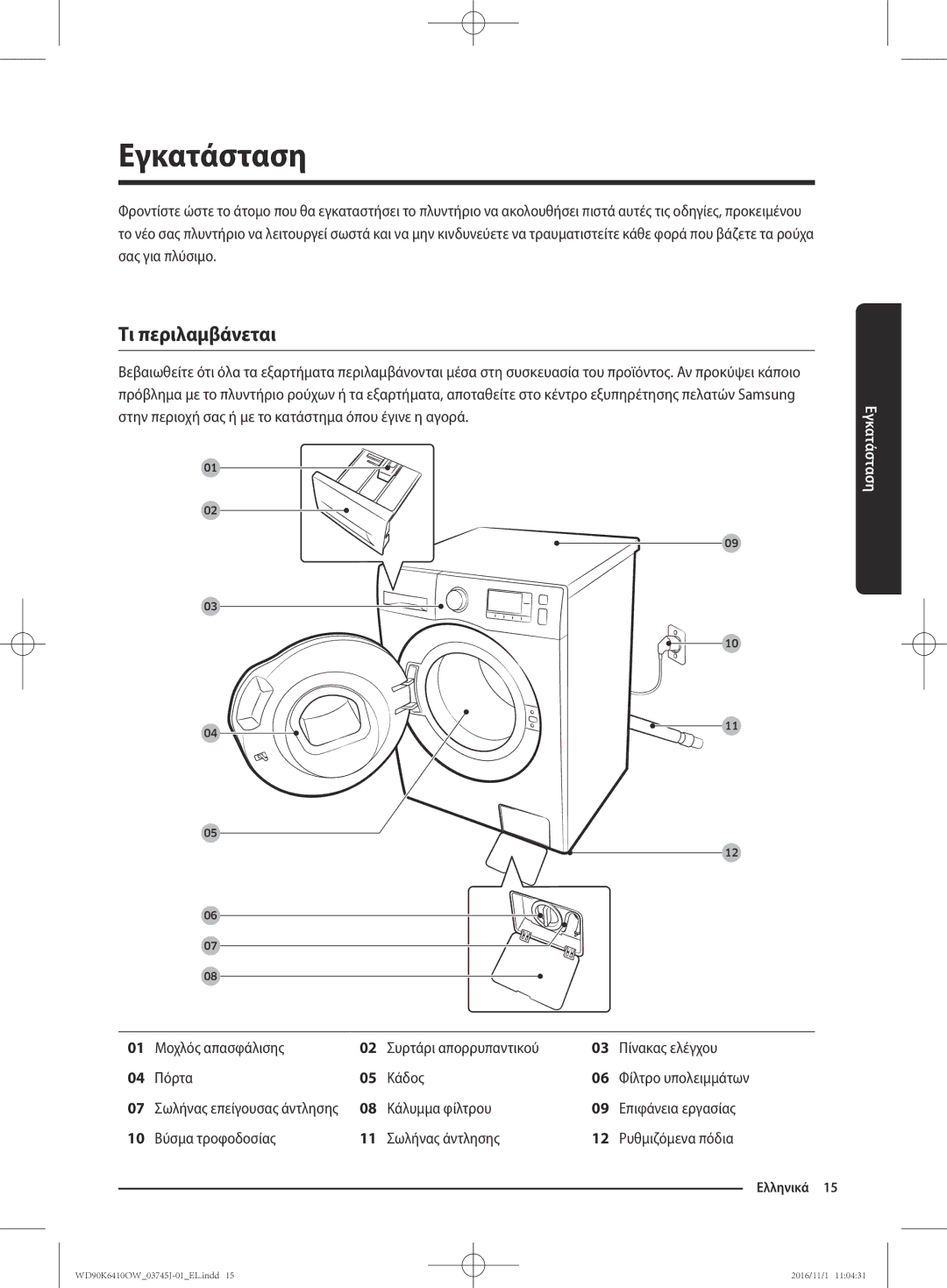 Samsung WD90K6410OW/LV manual Εγκατάσταση, Τι περιλαμβάνεται, Κάλυμμα φίλτρου, Βύσμα τροφοδοσίας Σωλήνας άντλησης 