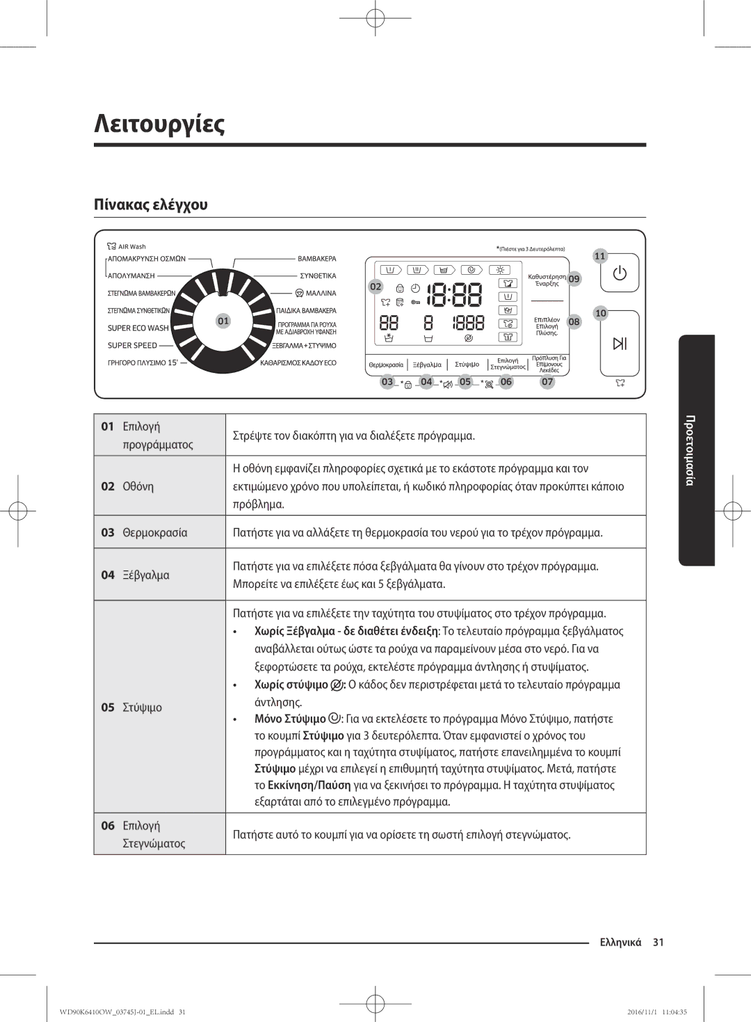 Samsung WD90K6410OW/LV manual Λειτουργίες, Πίνακας ελέγχου 