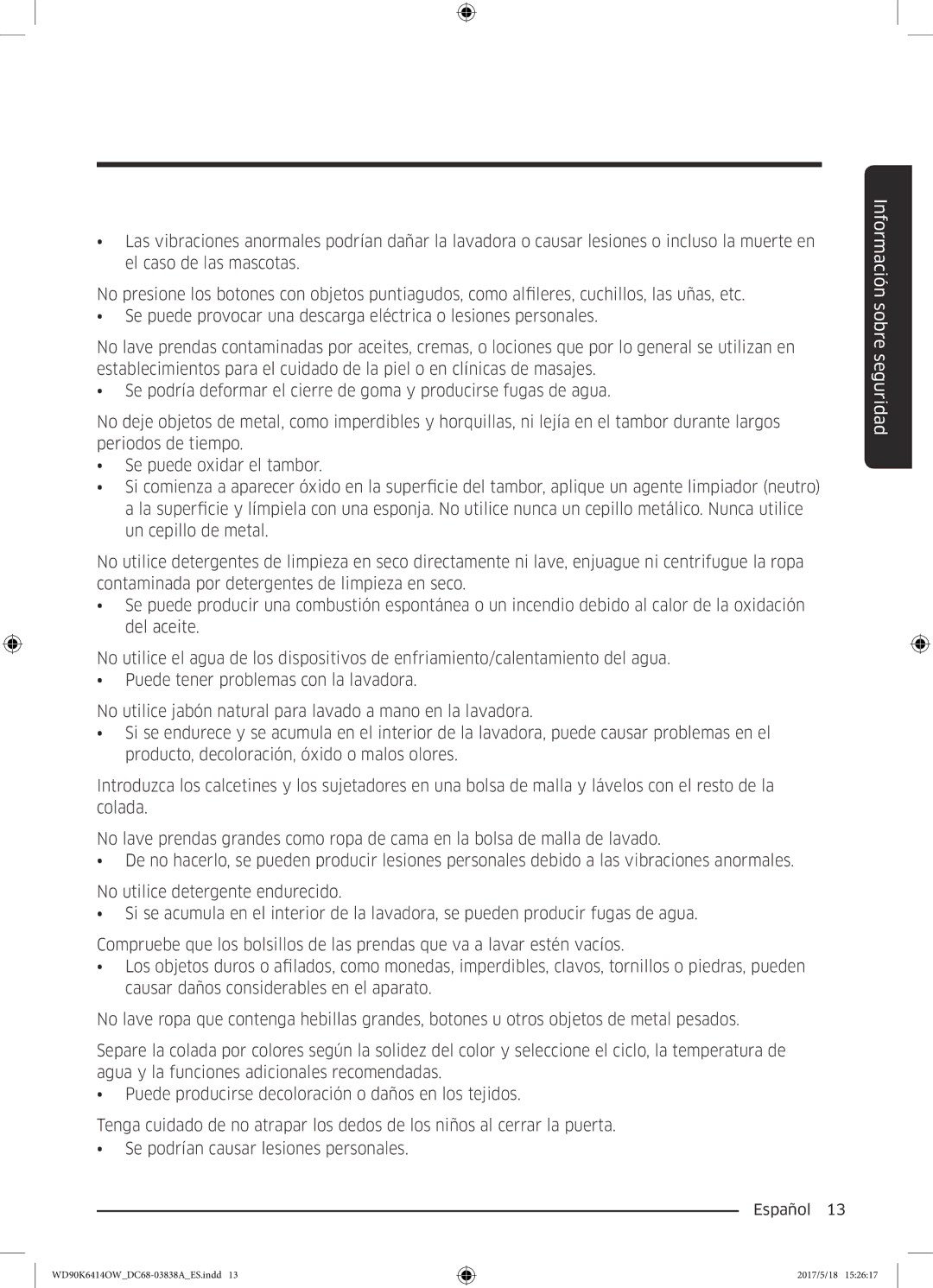 Samsung WD90K6414OW/EC manual Información sobre seguridad 