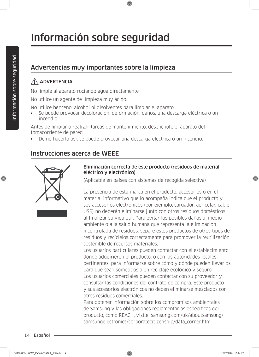 Samsung WD90K6414OW/EC manual Advertencias muy importantes sobre la limpieza, Instrucciones acerca de Weee 