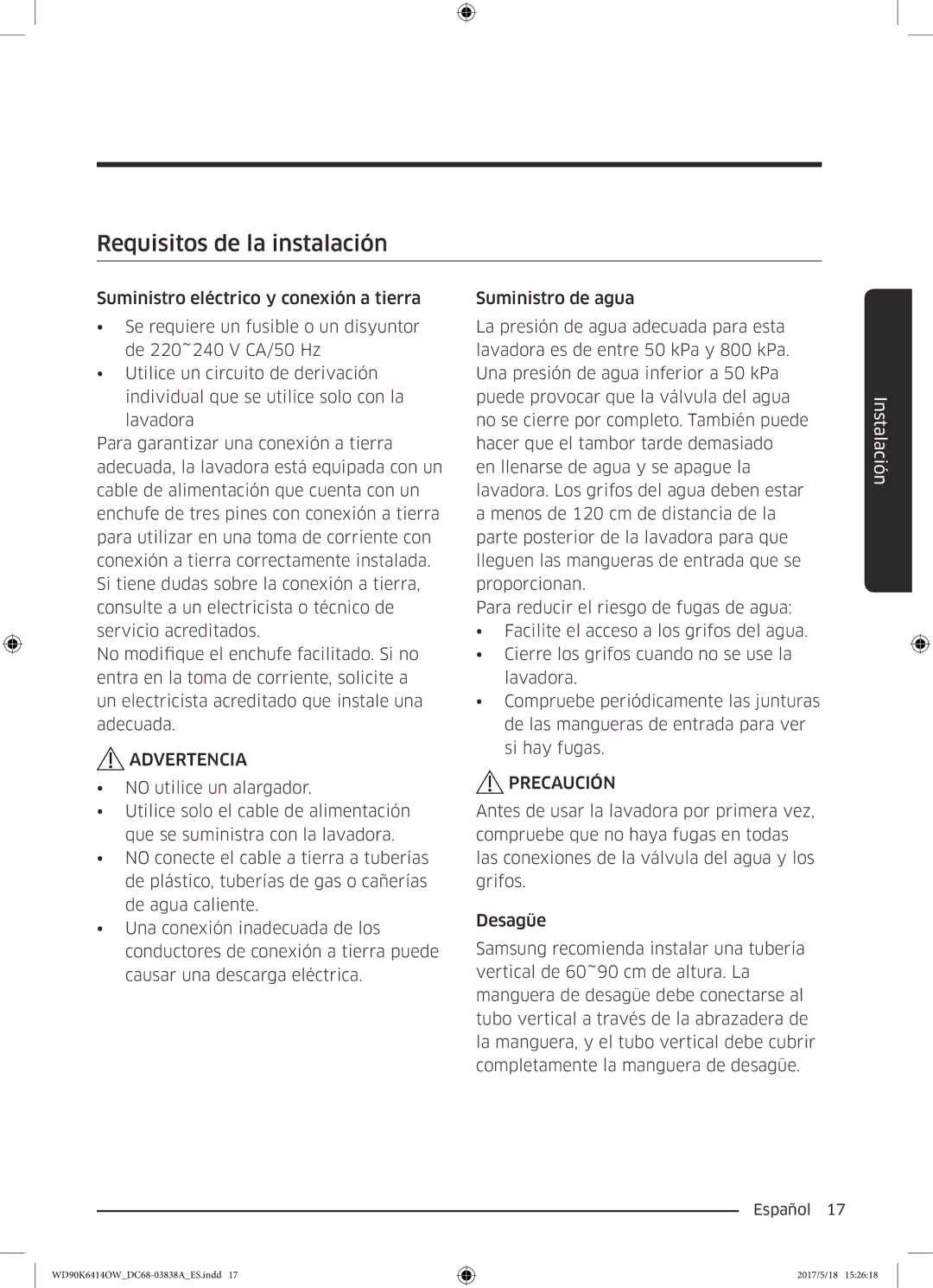 Samsung WD90K6414OW/EC manual Requisitos de la instalación 