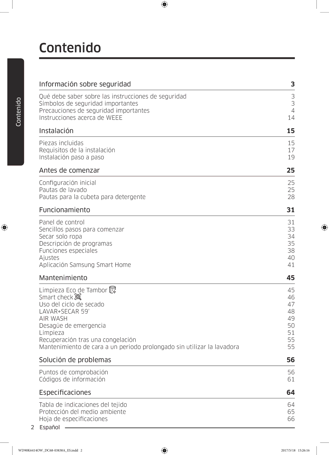 Samsung WD90K6414OW/EC manual Contenido, Información sobre seguridad 