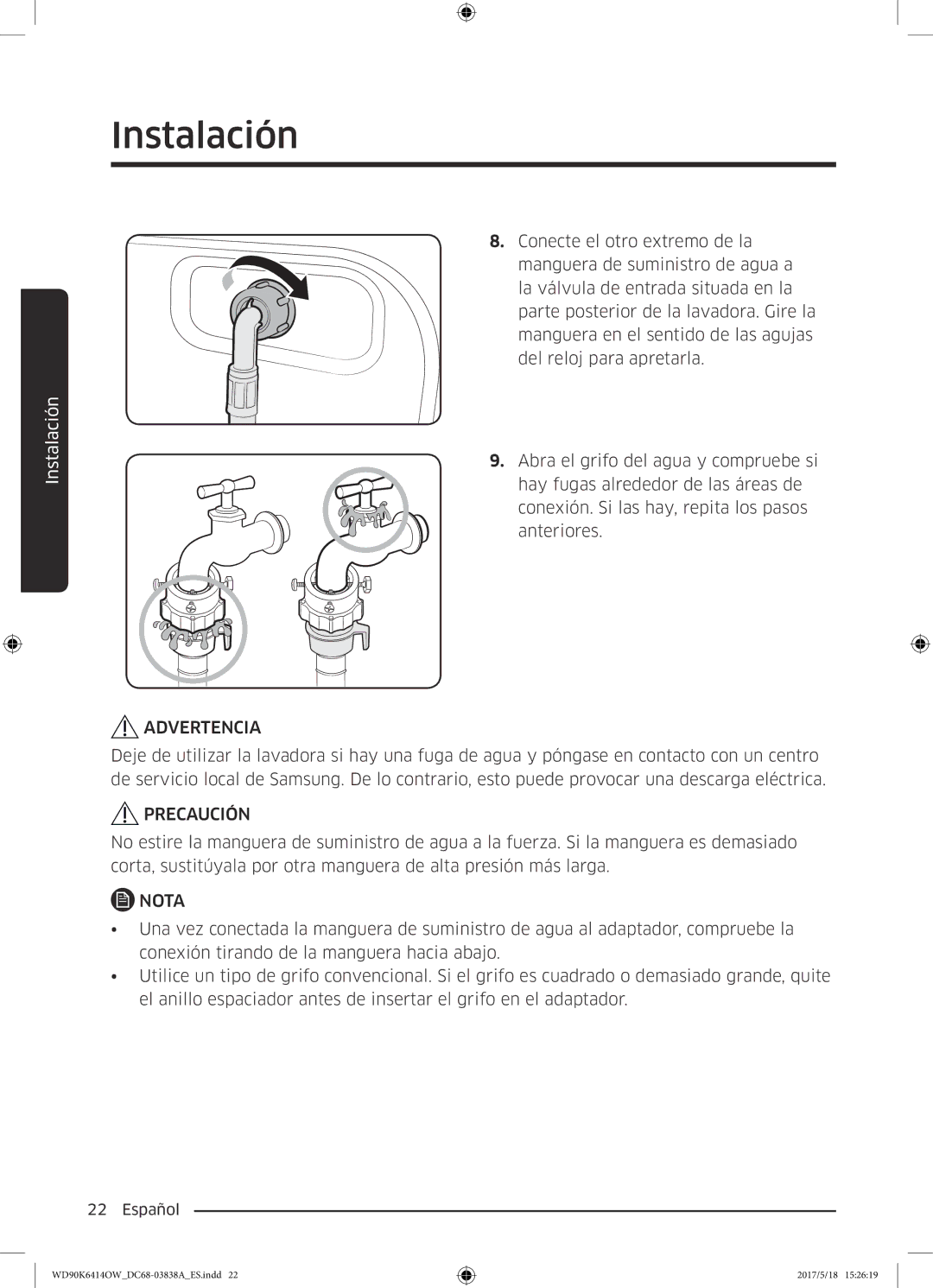 Samsung WD90K6414OW/EC manual Advertencia 