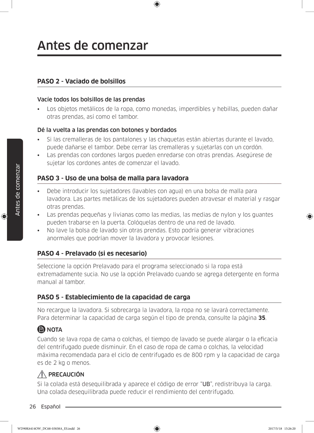 Samsung WD90K6414OW/EC manual Paso 2 Vaciado de bolsillos 