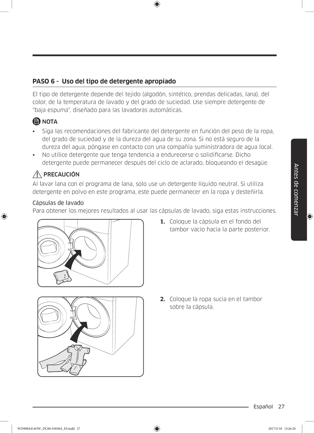 Samsung WD90K6414OW/EC manual Paso 6 Uso del tipo de detergente apropiado 