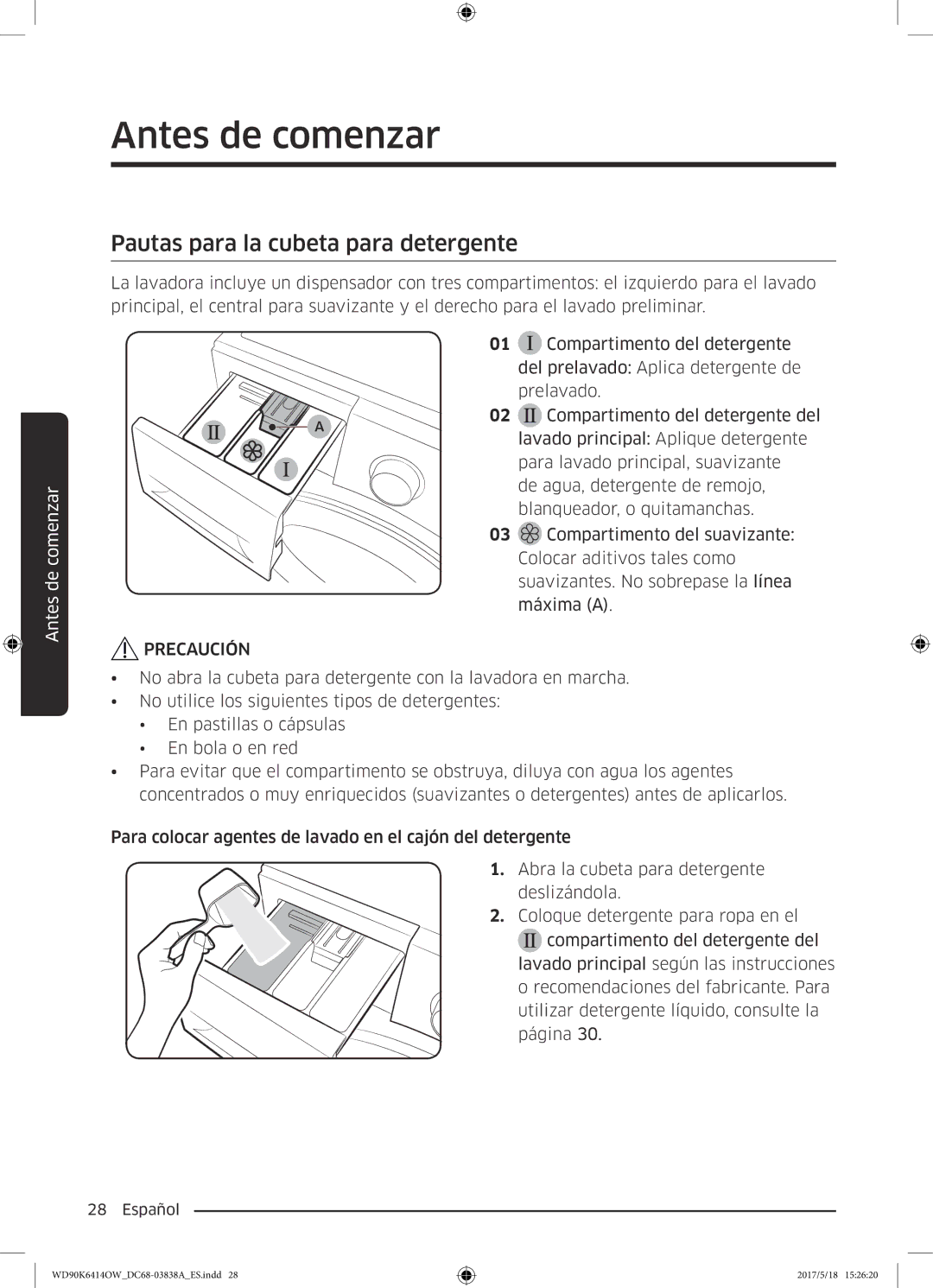 Samsung WD90K6414OW/EC manual Pautas para la cubeta para detergente 