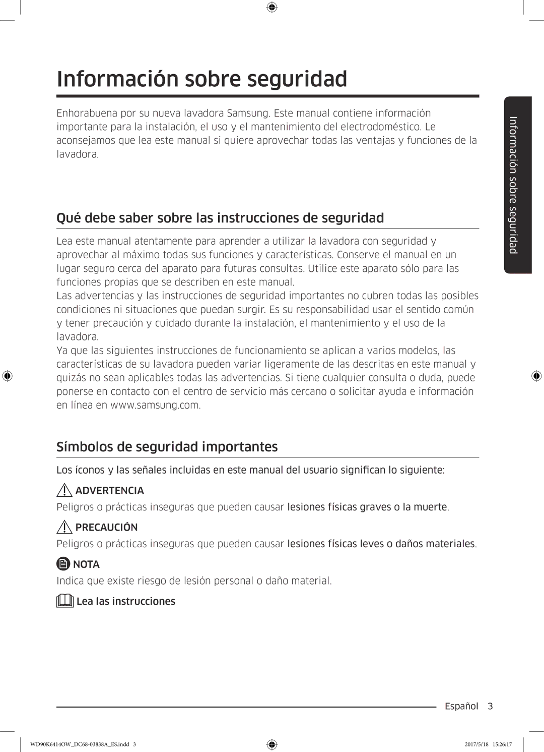 Samsung WD90K6414OW/EC manual Información sobre seguridad, Qué debe saber sobre las instrucciones de seguridad 