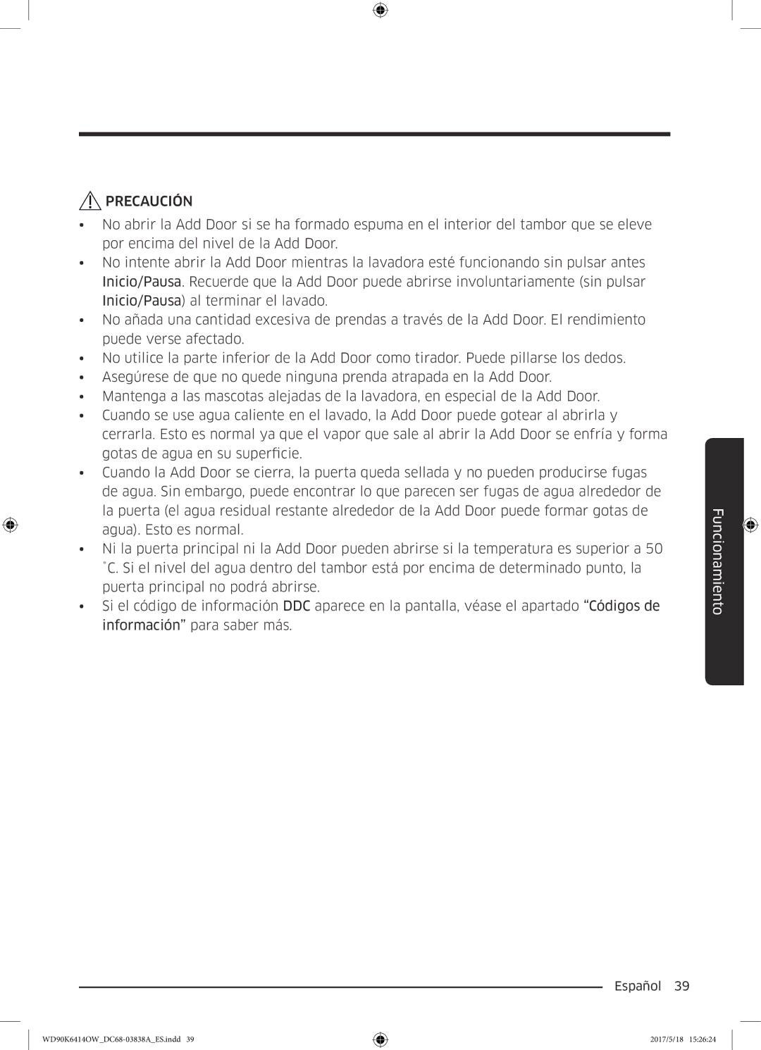 Samsung WD90K6414OW/EC manual Precaución 