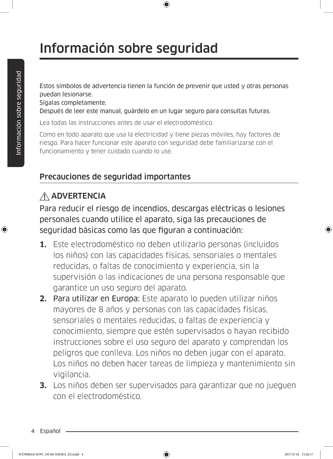 Samsung WD90K6414OW/EC manual Precauciones de seguridad importantes, Advertencia 