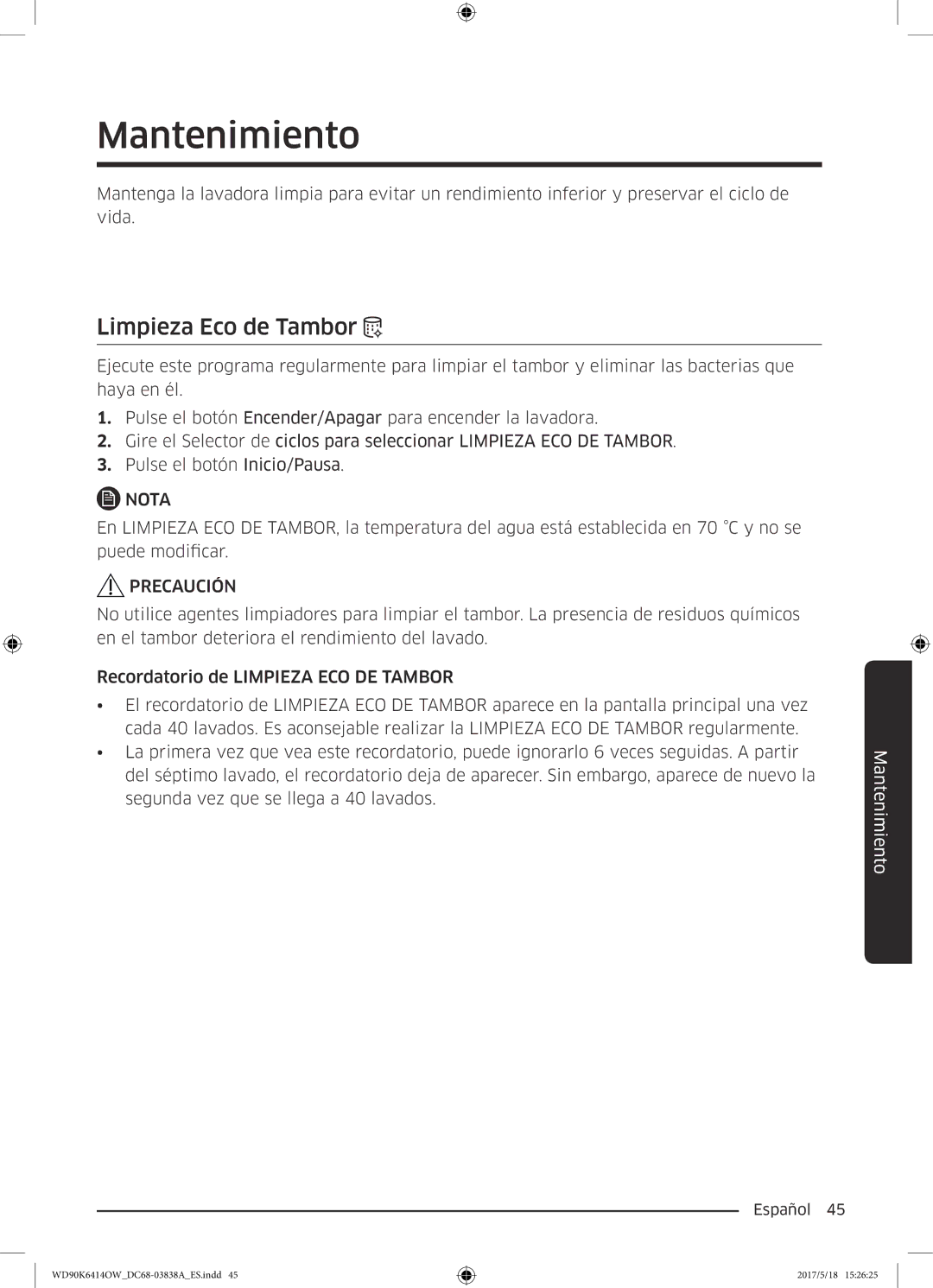 Samsung WD90K6414OW/EC manual Mantenimiento, Limpieza Eco de Tambor 