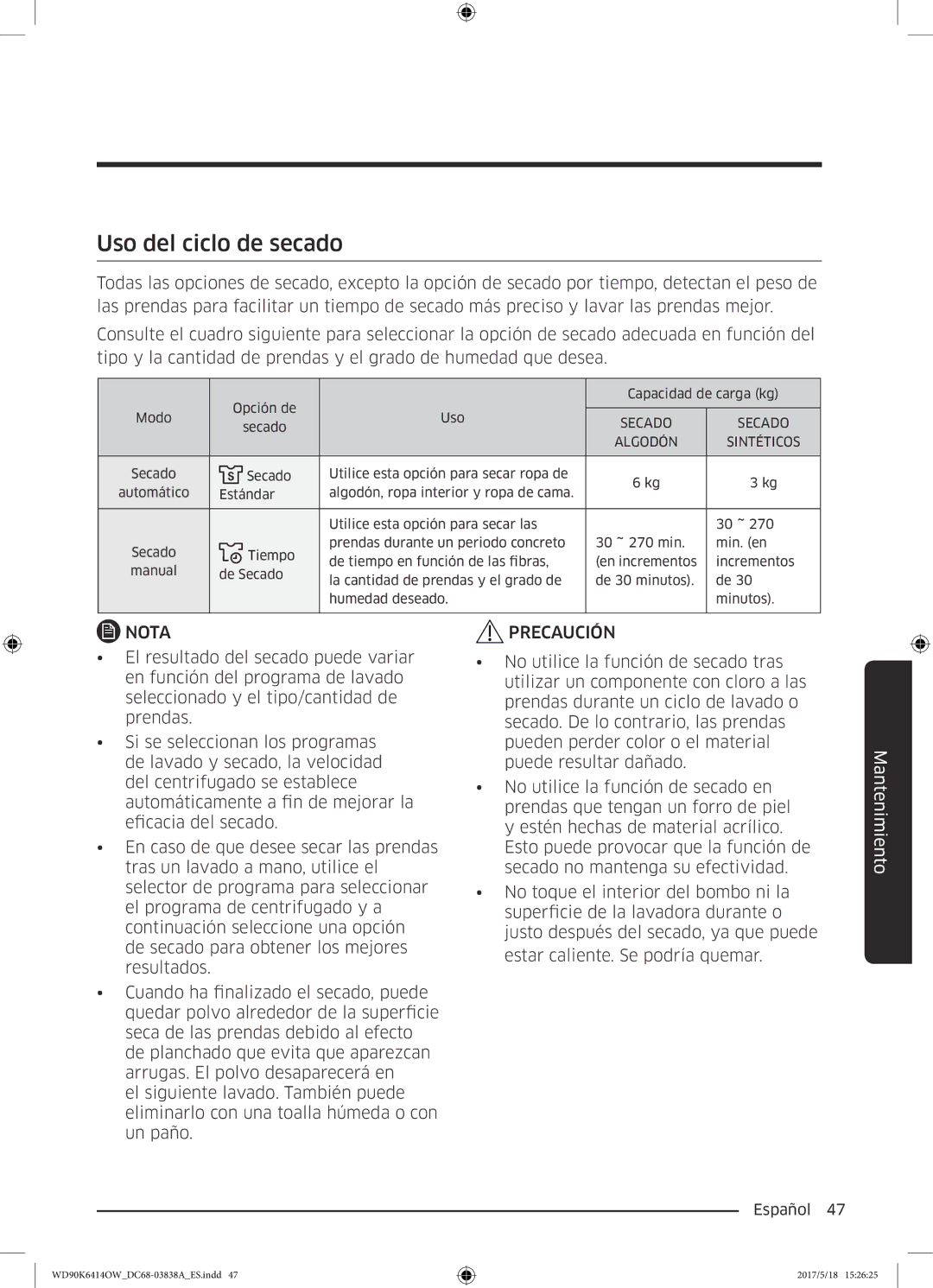 Samsung WD90K6414OW/EC manual Uso del ciclo de secado, Sintéticos 