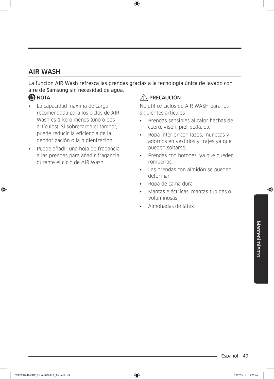 Samsung WD90K6414OW/EC manual AIR Wash 