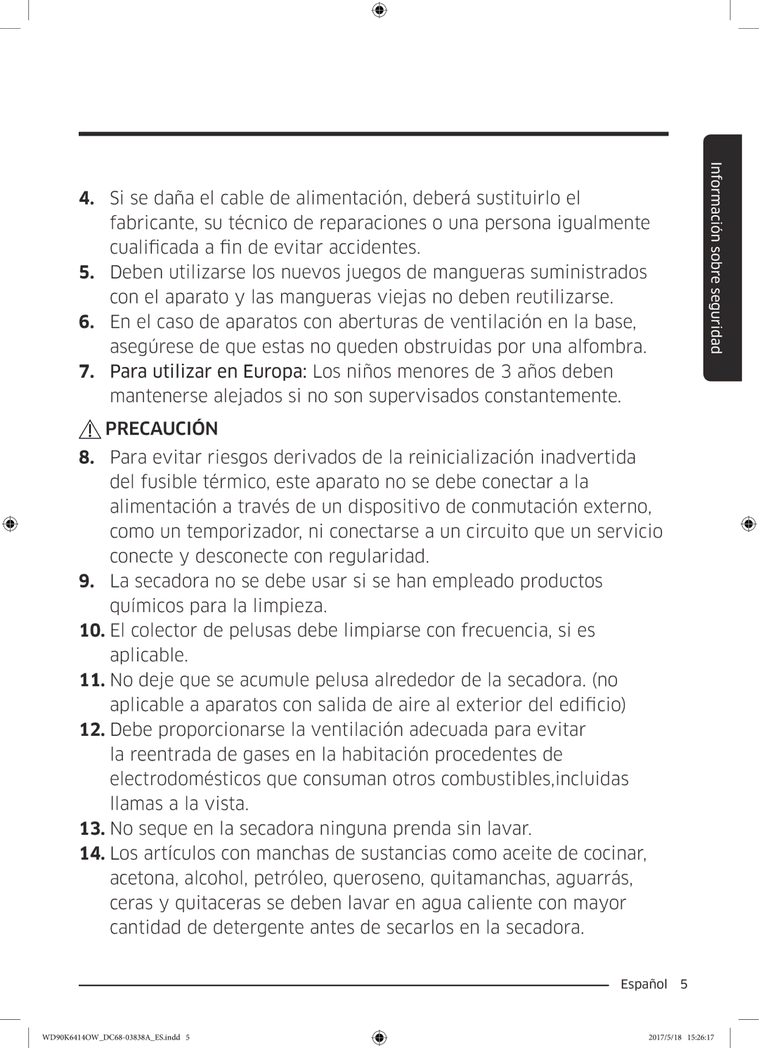 Samsung WD90K6414OW/EC manual Precaución 