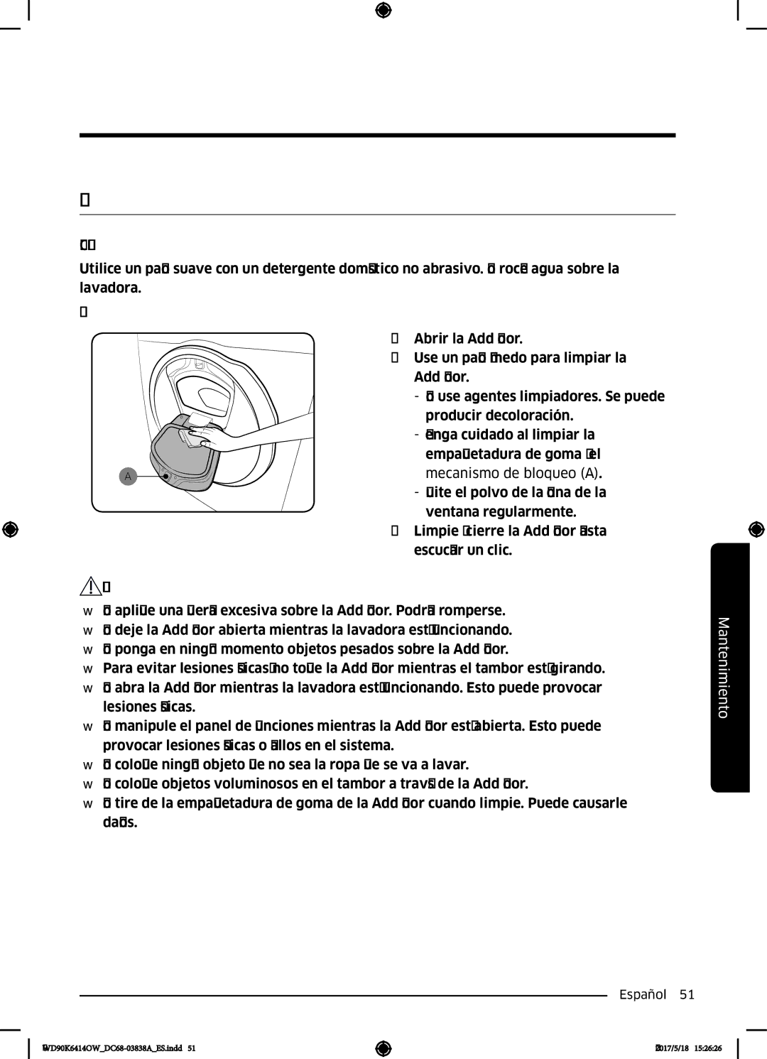 Samsung WD90K6414OW/EC manual Limpieza 