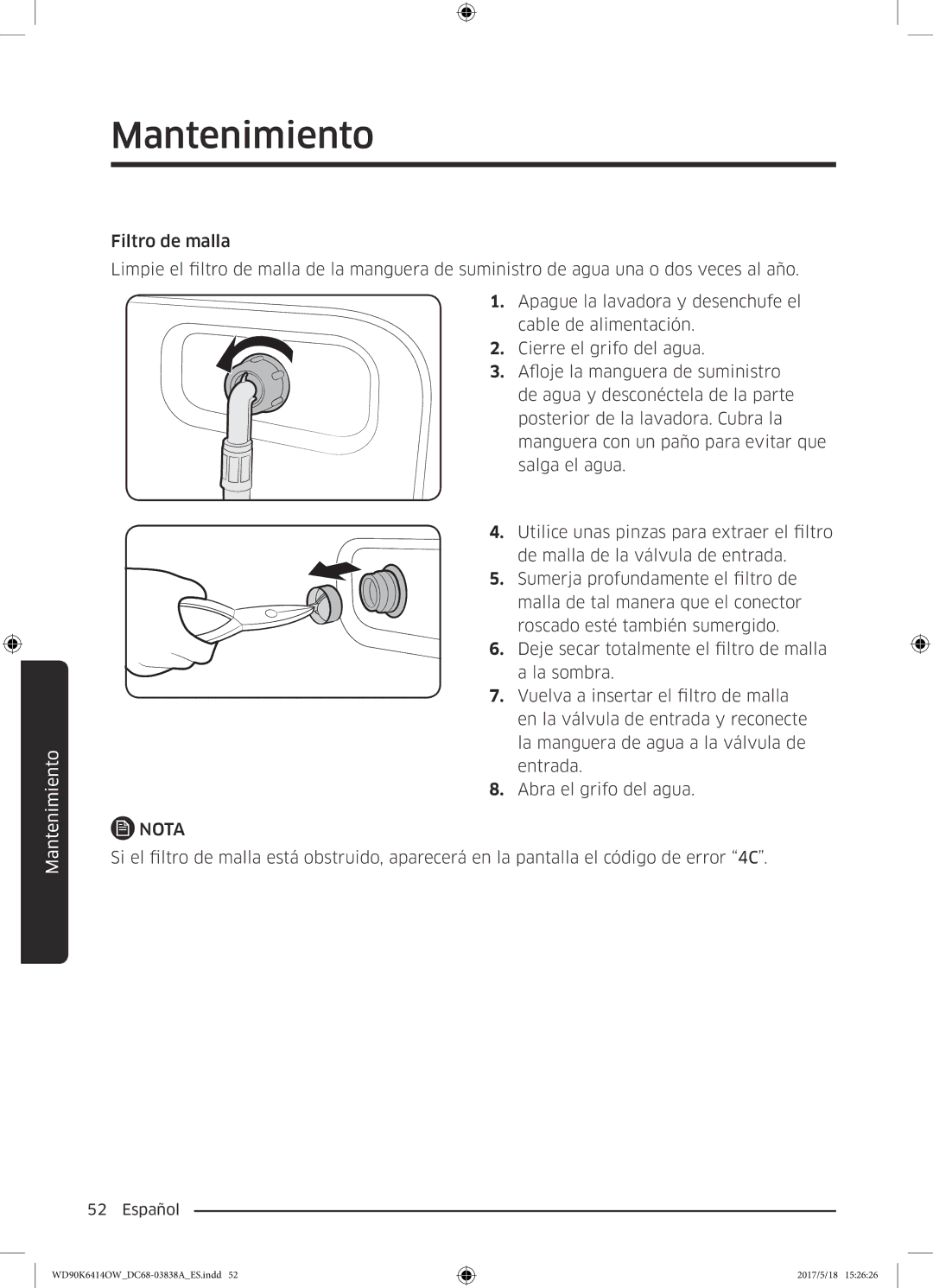 Samsung WD90K6414OW/EC manual Mantenimiento 