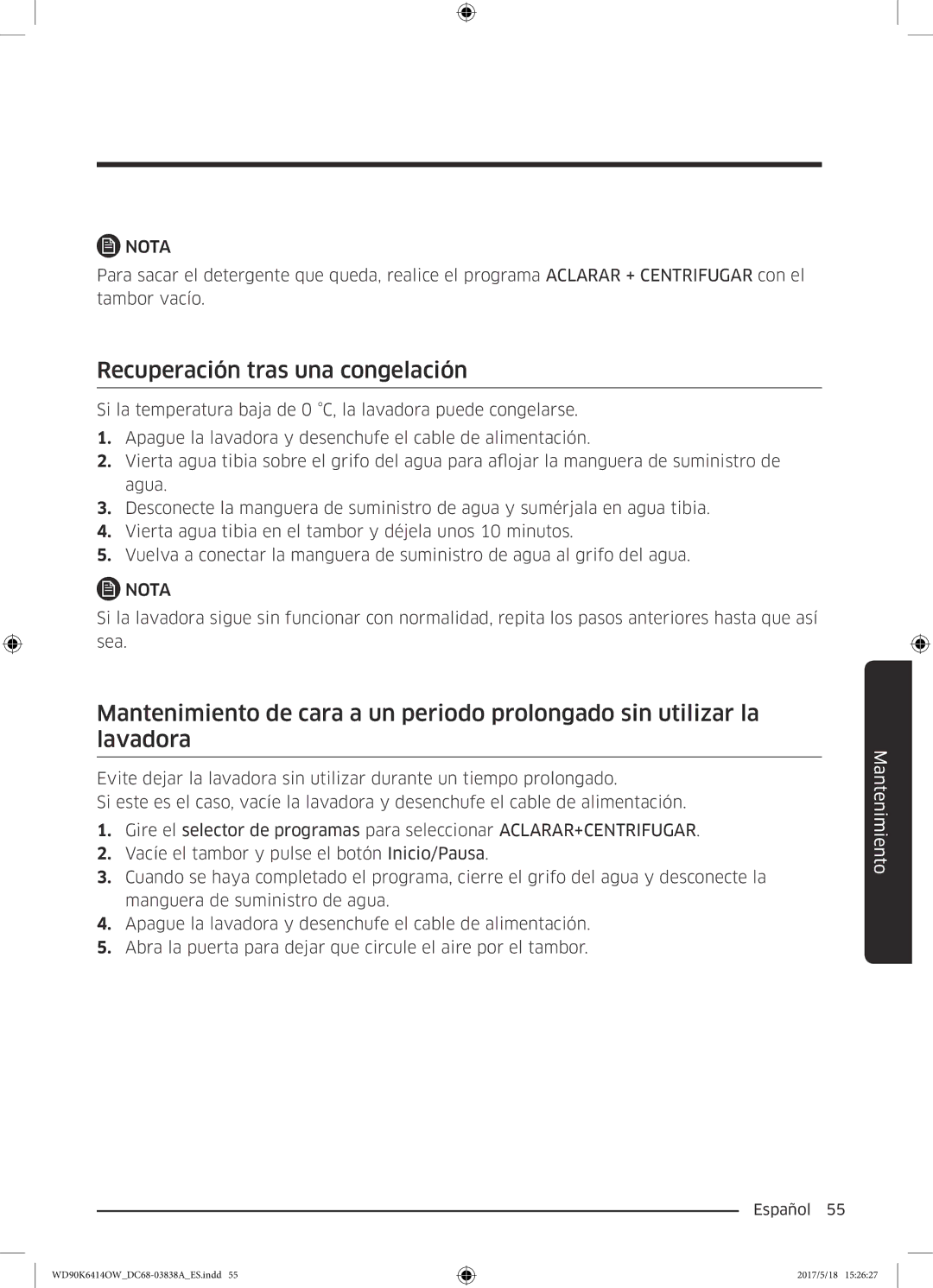 Samsung WD90K6414OW/EC manual Recuperación tras una congelación 